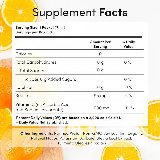 Aurora Nutrascience Liposomal Liquid Vitamin C - Healthy Immune Support Supplement for Adults, Sugar Free, 1000 mg per Serving, Vegan, Gluten Free, Non-GMO - 30 Single Serve Packets, Orange