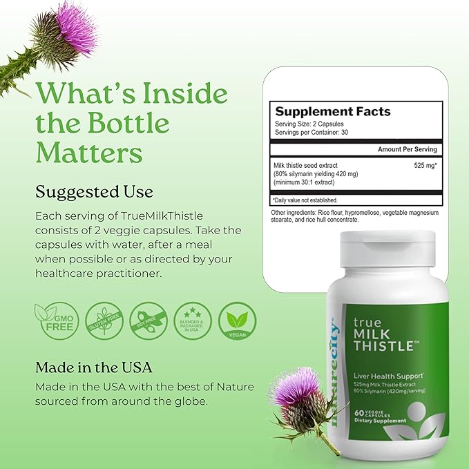 NatureCity TrueMilkThistle | Milk Thistle Supplement 525mg | Milk Thistle (80% silymarin) containing 420mg of Silymarin | Antioxidant Support | Liver Support Supplement | 60 Veggie Capsules