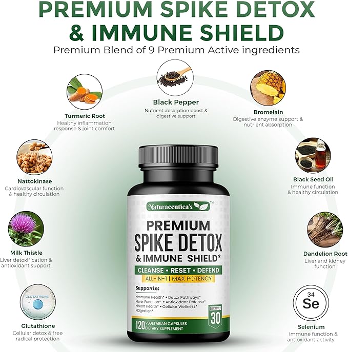 9-IN-1 Premium Spike Detox Wellness Formula – 8X Potency Nattokinase, Bromelain, Curcumin, Milk Thistle for Spike Support, Immune & Antioxidant Support, Liver & Heart Health support –120 Veg. Capsules