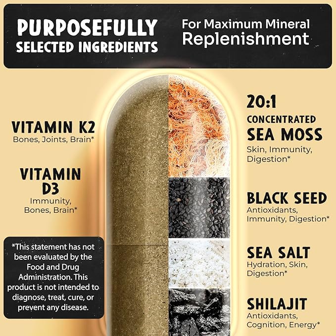 Maju Superfoods 18-in-1 Sea Moss, Black Seed, Shilajit, Sea Salt + D3 & K2, Concentrated Extracts, Trace Multi Mineral Capsules, for Men & Women Mineral Electrolytes Supplements