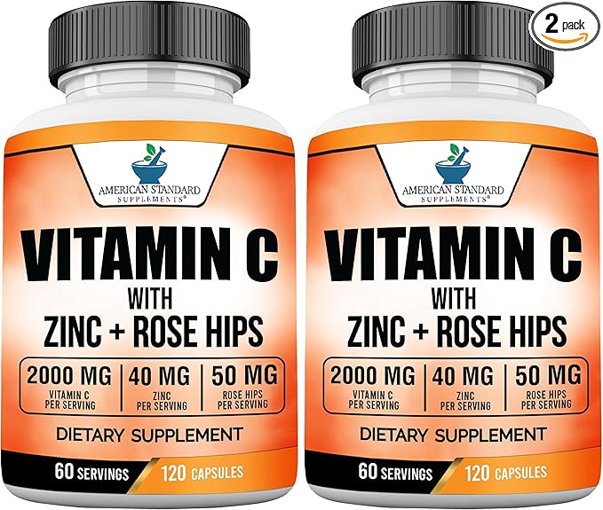 American Standard Supplements Vitamin C 2000mg, Zinc 40mg, and Rose HIPS 50mg Per Serving – Vegan, Gluten Free, Non-GMO (120 Count) (Pack of 2)