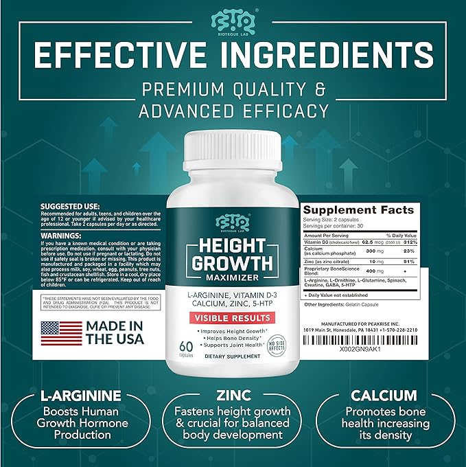 Height Growth Maximizer, Calcium, Vitamin D3 and Zinc Blend Pills, Bone Growth Supplement for Kids and Teens, Bone Strength, Density Support, GMO-Free, Gluten-Free, Made in USA, 60 Caps