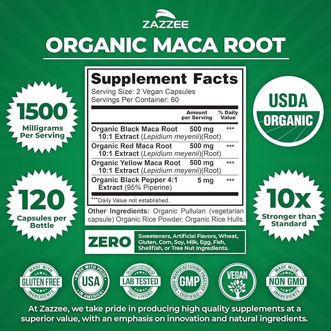 Zazzee USDA Organic Maca Root 10:1 Extract, Red, Black & Yellow Maca, 1500 mg per Serving, 120 Vegan Capsules, Black Pepper Extract, 2 Month Supply, Energy & Stamina Support, Non-GMO, Made in the USA