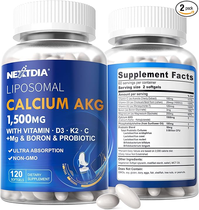 2 Pack Liposomal Calcium AKG Supplement 1500mg with Vitamin D3 & K2 for Women & Men, Calcium Supplement with Magnesium Glycinate, Boron, Probiotics & Vitamin C for Bone Strength & Energy, 240 Softgels