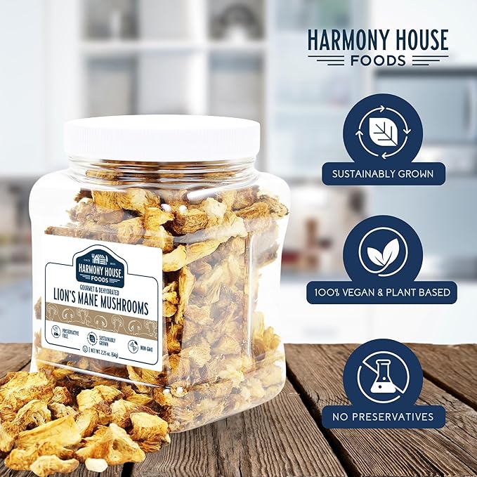 Harmony House Foods Dried Gourmet Lion's Mane Mushrooms (2.25 oz, Quart Size Jar)