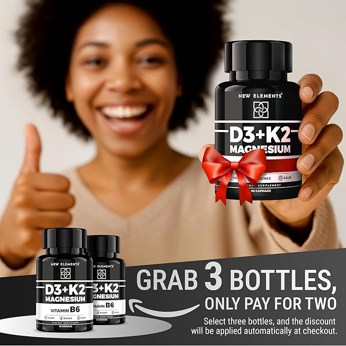 Vitamin D3 K2 with Magnesium Glycinate with Vitamin B6 for Enhanced Absorption | Magnesium 1500mg | D3 10,000 IU | K2 (MK7) 200mcg | Vitamin B6 10mg | Immunity | Heart & Nerve Support | Vegan, Non-GMO