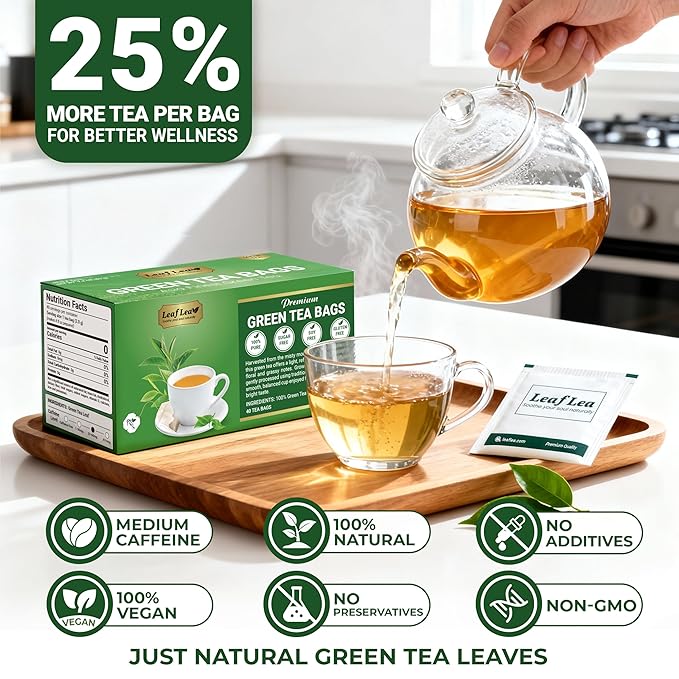 LeafLea 40 Green Tea Bags, 100% Natural & Pure from Green Tea Leaves, Smooth & Refreshing, Everyday Wellness with Natural Caffeine Content, Sugar-Free, Non-GMO, Individually Wrapped for Freshness