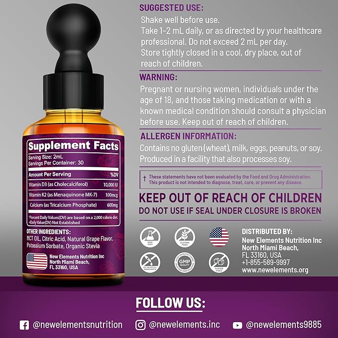 New Elements [2 𝐏𝐚𝐜𝐤] Liquid Vitamin D3 K2 Drops with Calcium for Adults | Vitamin D3 10,000 IU | D3 K2 with Calcium for Bone Health & Immunity Support | Joint Health Supplement | Non-GMO | Vegan