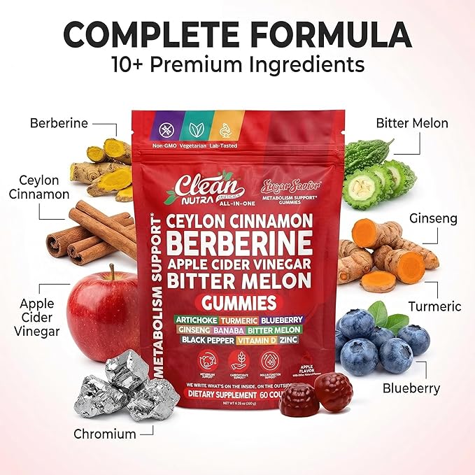 Sugar Savior Ceylon Cinnamon Berberine Gummies Apple Cider Vinegar Artichoke Turmeric Blueberry Ginseng Banaba Bitter Melon Black Pepper Vitamin D Zinc GLP1 Gummies 60 Count by Clean Nutra