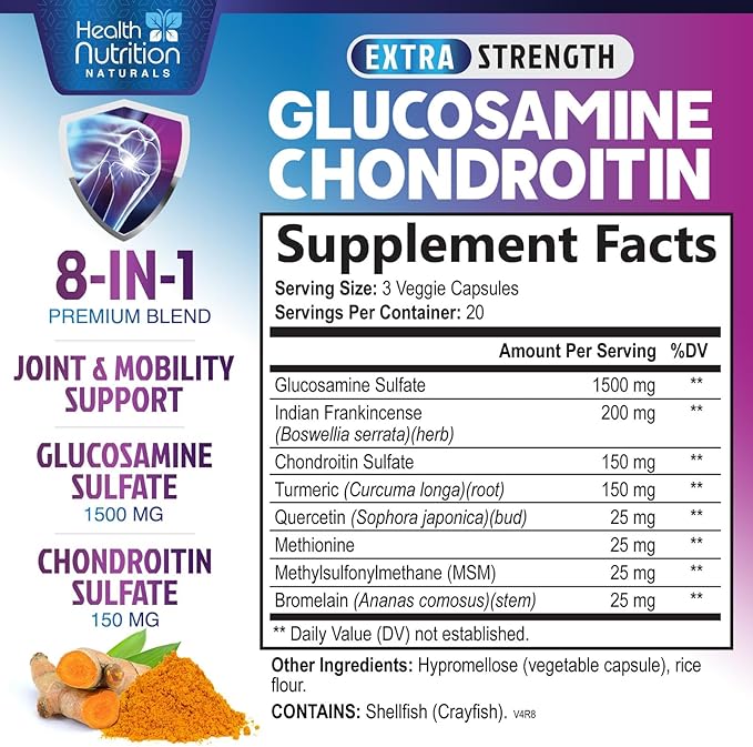 Glucosamine Chondroitin MSM Complex - 3X Strength Joint Support Supplement with Glucosamine Sulfate, Turmeric, Boswellia - For Cartilage, Mobility & Flexibility - Bottled in USA - 60 Capsules