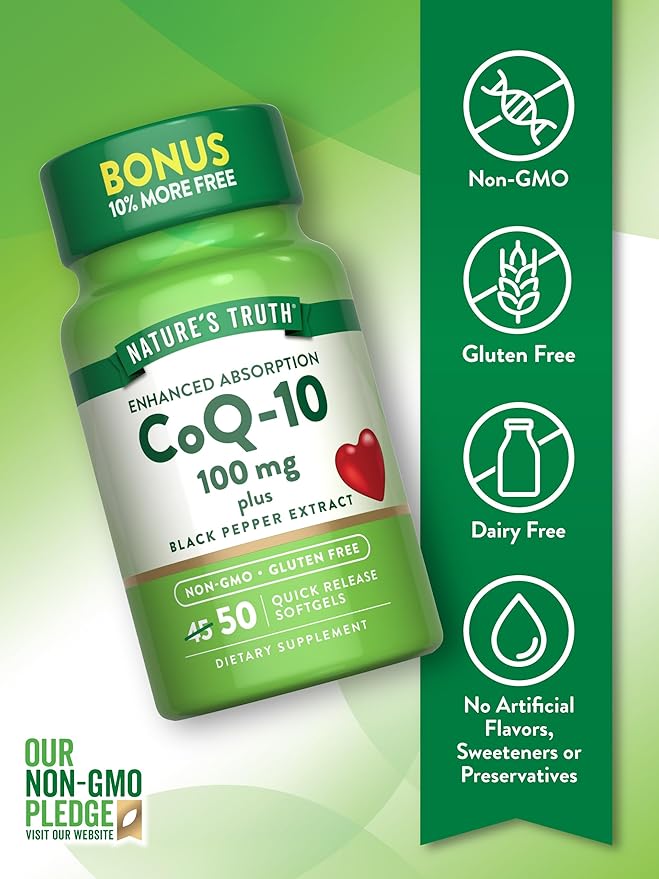 Nature's Truth CoQ10 100mg | 50 Softgels | Plus Black Pepper Extract | Non-GMO and Gluten Free Supplement