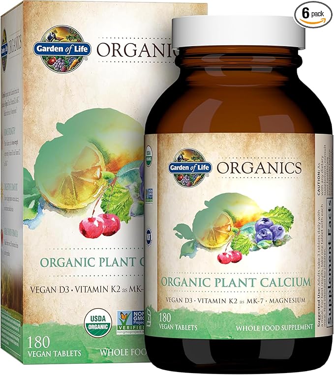 Garden of Life Calcium Supplement with Magnesium & Organic Vitamin D3 K2, Made from Whole Foods, Gluten-Free, 180 Count, (Pack of 6)