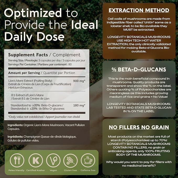 Longevity Botanicals Organic Lion's Mane Mushroom Capsules Supplement Extract 240ct | Hericium Erinaceus Fruiting Body | ≥20% Beta-D-Glucans | 80 Servings of 900mg | Supports Cognitive & Gut Wellness