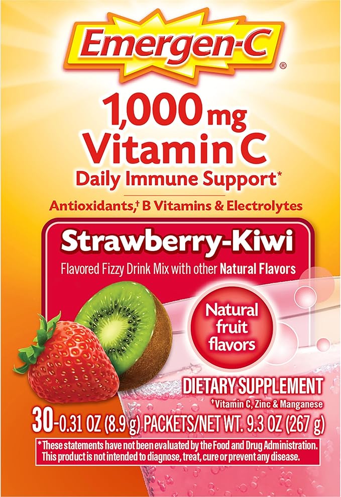 Emergen-C 1000mg Vitamin C Immune Support Powder Strawberry Kiwi 30CT includes Zinc, Manganese, 7 B Vitamins and Electrolytes for Back to School Essentials