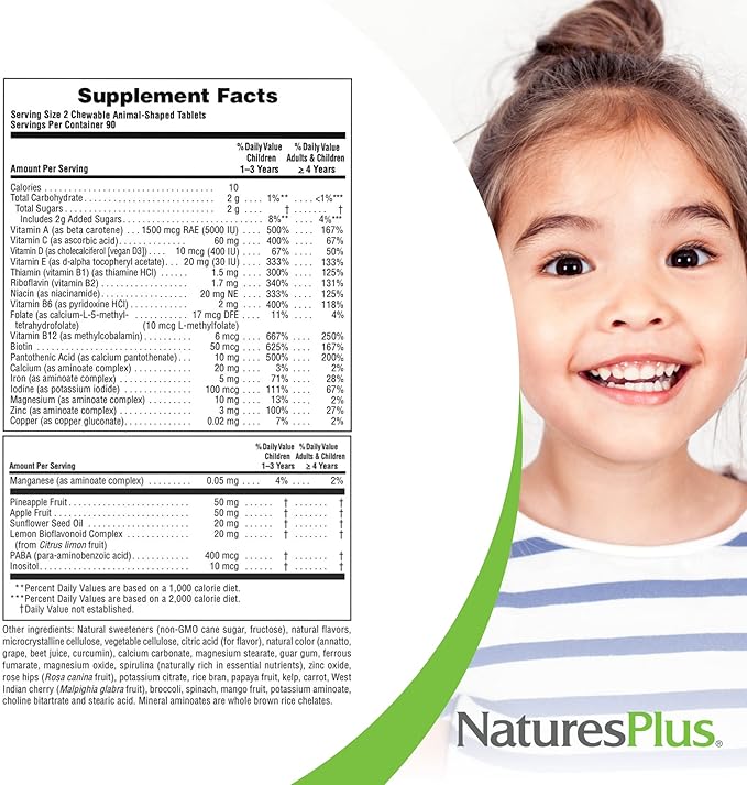 NaturesPlus Animal Parade Children's Chewable Multivitamin - 180 Animal-Shaped Tablets, Pack of 2 - Natural Assorted Flavors - Vegan, Gluten Free - 180 Total Servings
