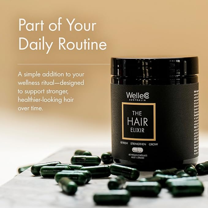 WelleCo The Hair Elixir Vegan Hair Care Supplement with Biotin, Iron, Zinc & Rhodiola, Promotes Hair Growth & Thickness and Helps Reduce Breakage, Gluten Free Hair Skin and Nails Vitamins, 60 Capsules