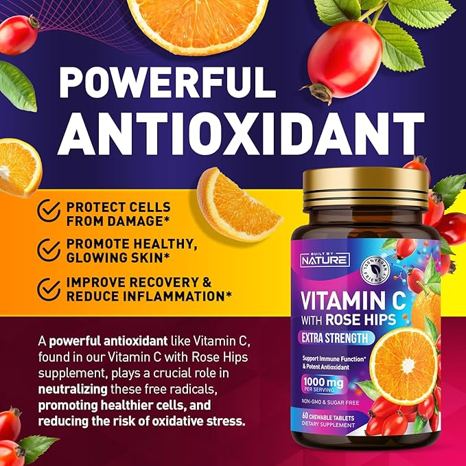 Built by Nature Chewable Vitamin C with Rose HIPS - 1000mg Immune Support Supplement - Non-GMO, Gluten-Free, Vegan - Powerful Antioxidant for Energy & Collagen Boost - Orange Flavor – 60 Tablets
