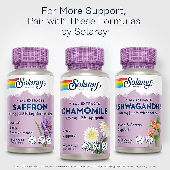 SOLARAY Chamomile Extract 325 mg - Traditional Herbal Support - Standardized to 2% Apigenin, an Antioxidant and Flavonoid - Vegan, Gluten Free, Made Without Soy, 60-Day Guarantee, 30 Serv, 30 VegCaps