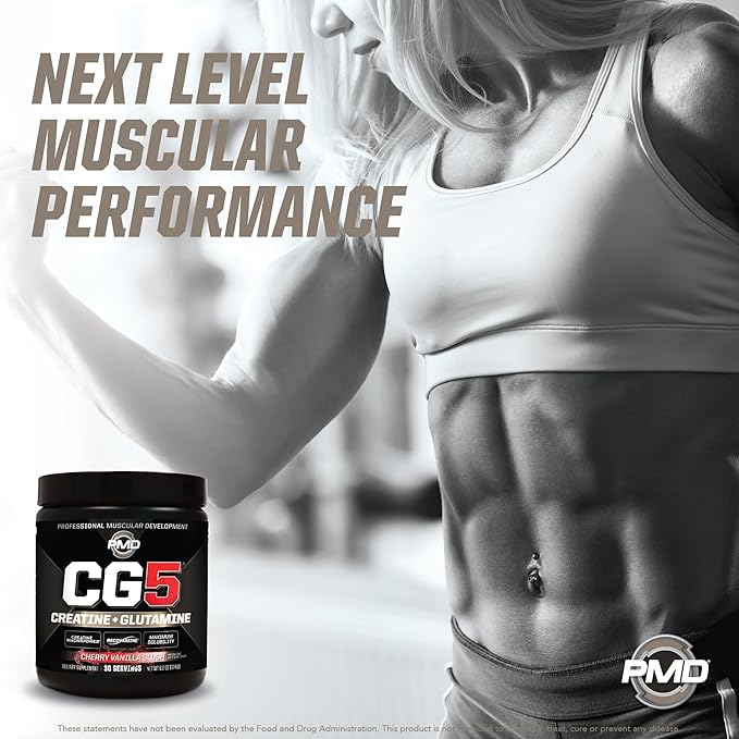 PMD Sports CG5 - Premium Creatine and L Glutamine Powder - Maximum Strength Power Recovery, Build Lean Muscle, Increase Performance - Pre-Workout and Post Workout - Cherry Vanilla Slush (30 Servings)