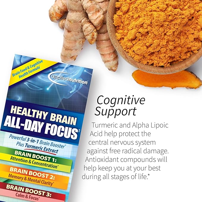 Applied Nutrition Healthy Brain All-Day Focus - 50 Tablets, Pack of 2 - Powerful 3-in-1 Brain Booster with Turmeric Extract - 50 Total Servings