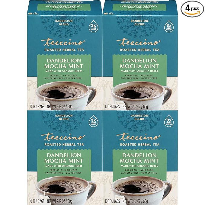 Teeccino Dandelion Root Tea - Mocha Mint - Caffeine Free, Roasted Herbal Tea with Prebiotics, 3x More Herbs than Regular Tea Bags, Gluten Free - 10 Tea Bags (Pack of 4)