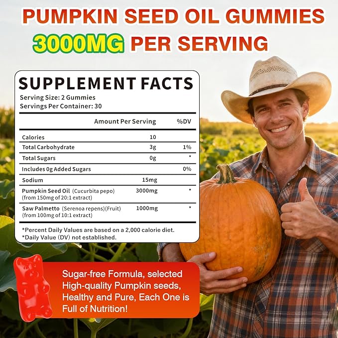 Pumpkin Seed Oil Gummies 3000MG, Organic Pumpkin Seed Oil with Saw Palmetto Supports Hair, Skin & Prostate Health High-Purity Extract for Women & Men, Raspberry Flavor, 60 Count