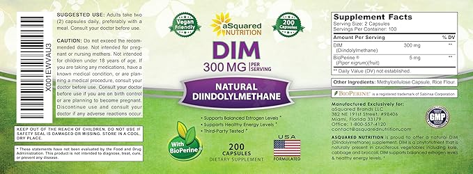 aSquared Nutrition DIM Supplement 300mg Per Serving Plus BioPerine - 200 Veggie Capsules - Diindolylmethane DIM Max Strength Pills to Support Estrogen Metabolism & Balance, Menopause, Hormonal Acne