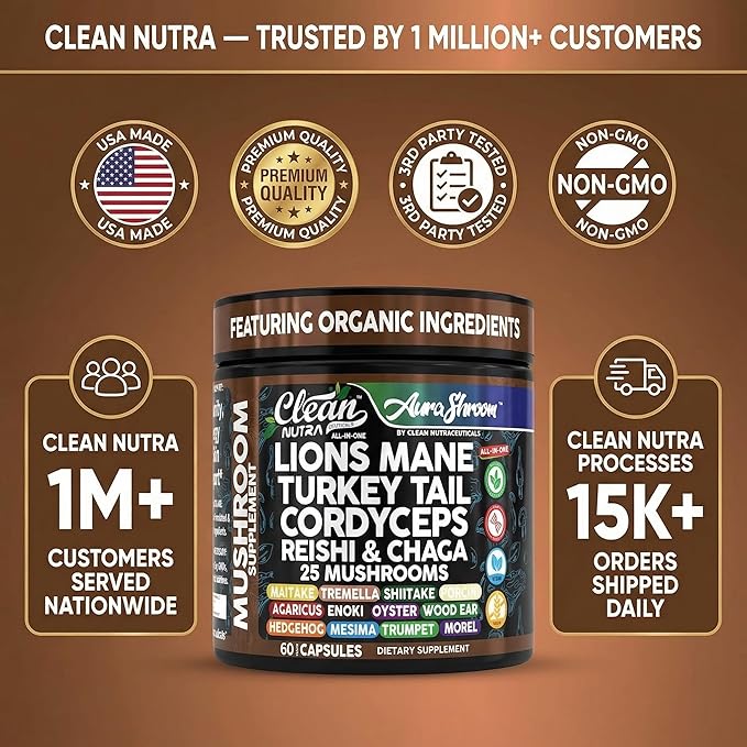 AuraShroom Mushroom Supplement Lions Mane Turkey Tail Cordyceps Reishi Shiitake Chaga Oyster Stress Relief Immune Support Nootropic Energy Portobello Mushrooms 60 Capsules By Clean Nutra