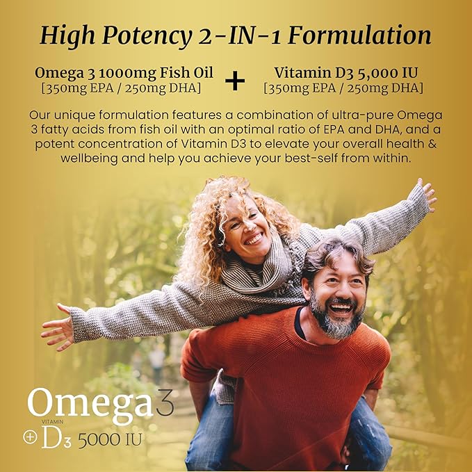 SIGNIFY NATURE Omega 3 Fish Oil Supplement with Vitamin D3 5000 IU - 1000mg Triglyceride Capsules for Brain Health - Omega3 EPA DHA + VIT D 3-90CT