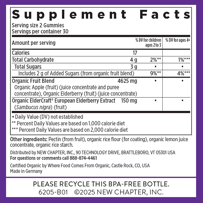 New Chapter Elderberry Gummies for Adults & Kids (2+), USDA Organic 64x Concentrated Elderberry for Immune Support, Great-Tasting Whole-Food Gummies, Vegan & Non-GMO - 60 ct