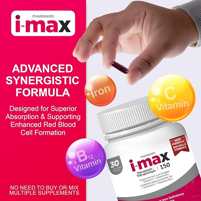 i-max Iron Supplement 150 mg, Vitamin C 250 mg & B12 1000 mcg, Iron Supplement for Women & Men, No Artificial Dyes, Vegan, Once Daily, 30 Capsules