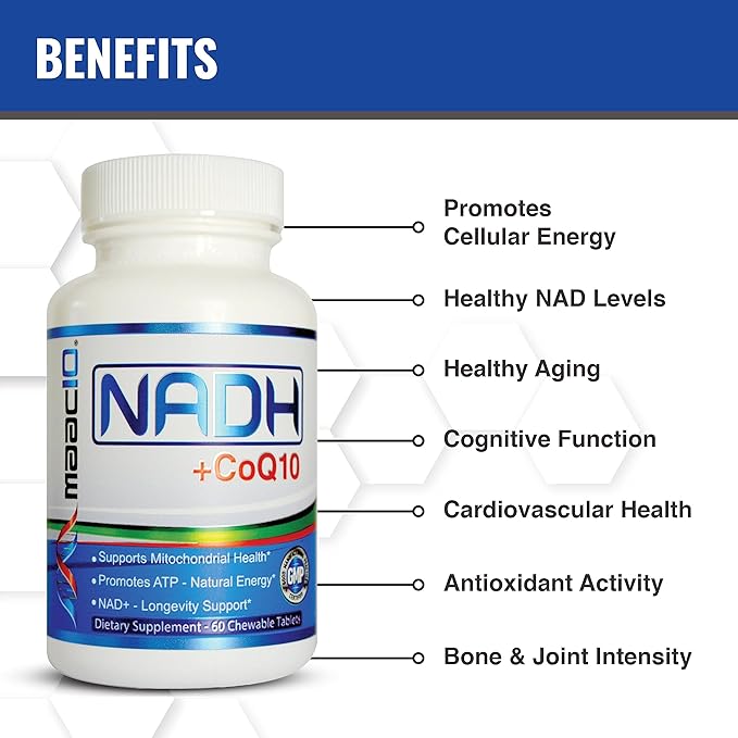 MAAC10 NADH + CoQ10 Supplement | Great Tasting Chewable Tablets | 50mg PANMOL® NADH + 100mg CoQ10 | for Fatigue, Energy and Mental Focus | NAD+ Supplement (60 Tablets 2 per Serving)