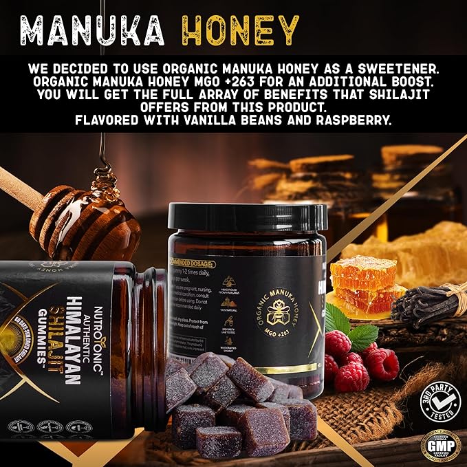NutroTonic® Organic Himalayan Shilajit Gummies – Organic Raspberry Vanilla Flavored – Shilajit for Men & Women – Wild Crafted Manuka Honey MGO +263 – Made in USA – 30 Healthy Gummies