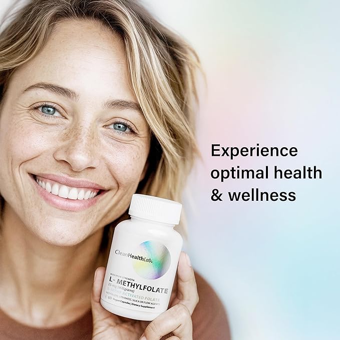 CleanHealthLab L-Methylfolate 15mg, 5-MTHF Active Folate - Maximum Potency Methylated Vitamin B9 Supplement - Support for Brain Health, Energy, Nerves, and Methylation with No Fillers (60 Count)