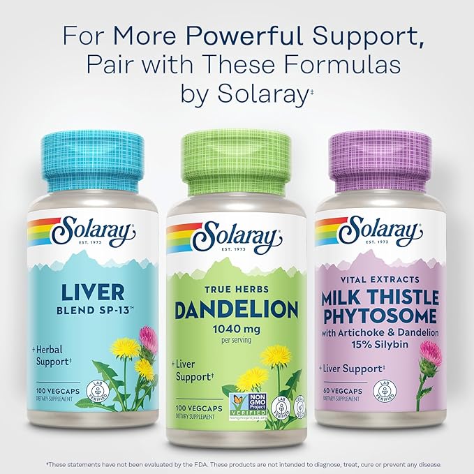 SOLARAY Dandelion Root Supplement - Healthy Kidney and Liver Support - 1,040 mg per Serving - Vegan, Lab Verified, 60-Day Guarantee - 50 Servings, 100 VegCaps