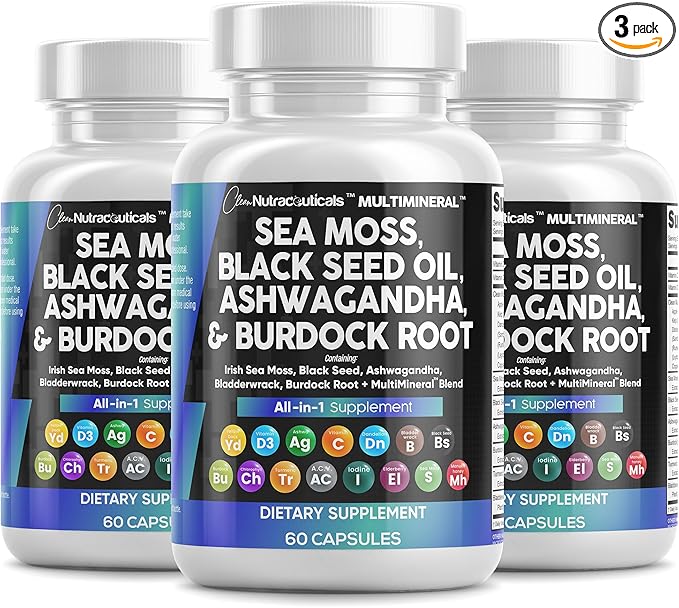 Sea Moss Black Seed Oil Ashwagandha Turmeric Bladderwrack Burdock & Vitamin C Vitamin D3 with Elderberry Manuka Dandelion Yellow Dock Iodine Chlorophyll ACV - 3Pack