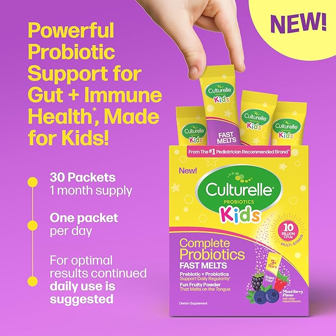 Culturelle® Kids Complete Probiotics Fast Melts Mixed Berry Flavor 30 Count Sugar Free‡ Prebiotic + Probiotic Powder for Digestive and Immune Health, Supports Daily Regularity *