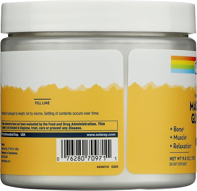 SOLARAY Magnesium Glycinate Powder 350 mg - Unflavored Magnesium Powder - Magnesium Supplement for Bone, Muscle, and Relaxation Support - Vegan, Non-GMO, 60-Day Guarantee - 50 Servings, 6 OZ
