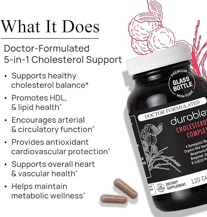 Durable Cholesterol Complete – Organic Red Yeast Rice 1,600 mg + Bergamonte® Citrus Bergamot 1,000 mg + Ubiqsome® CoQ10 + Olive Leaf + Vitamin C – Doctor Formulated, Made in USA (360 Capsules)