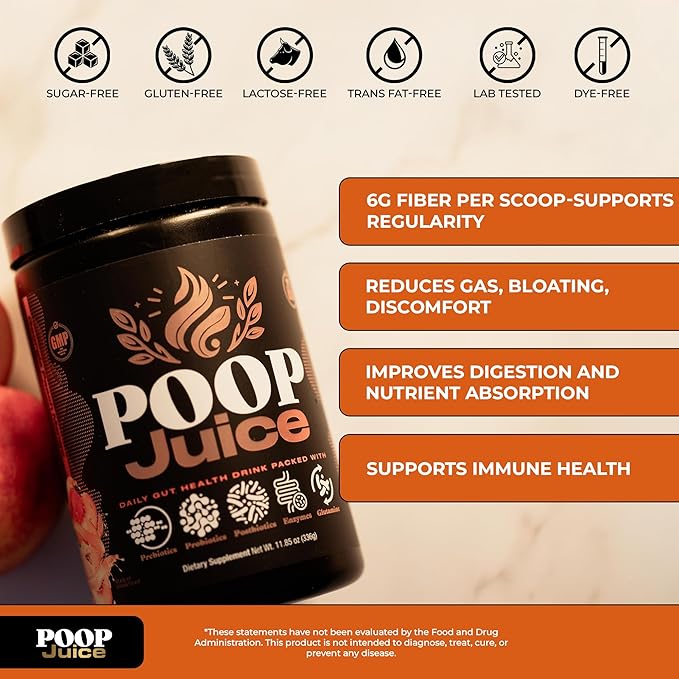 Poop Juice 5-in-1 Daily Fiber Supplement Powder - Bloat & Poop Relief - Prebiotic, Probiotic, Postbiotic, Digestive Enzymes, L-Glutamine - GLP-1 Support - Sugar-Free Strawberry Lemonade (30 Servings)