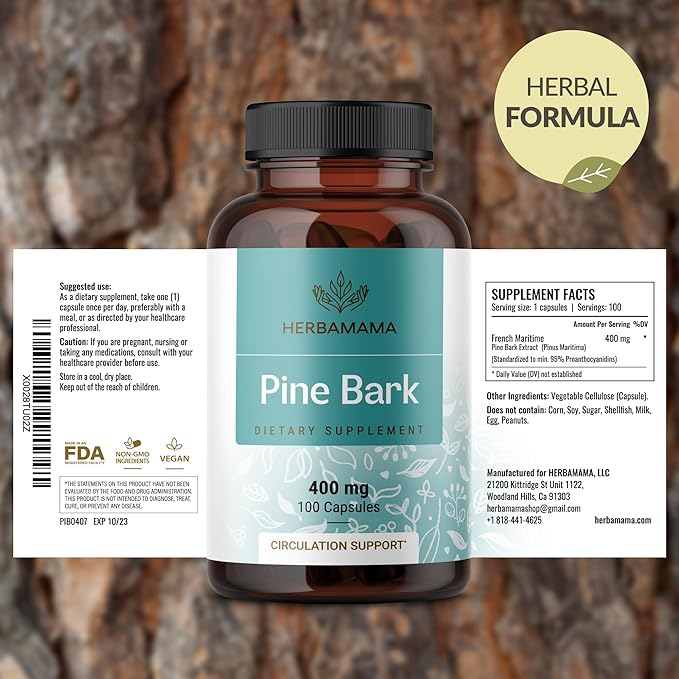 HERBAMAMA Pine Bark Extract Capsules - 400mg French Maritime Pine Bark Extract Powder for Antioxidant Support - Vegan, Non-GMO Pinus Pinaster Supplement