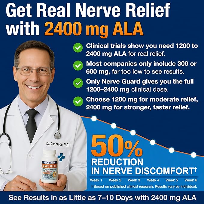 Neuropathy Support Supplement with 2400 mg Alpha Lipoic Acid to Reduce Nerve Discomfort in Feet Hands Toes – Max Strength 2400mg ALA, Vitamins B12 B6 & B1, Magnesium, Turmeric – 60 Capsules