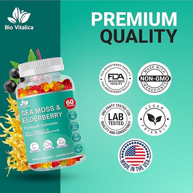 BIO VITALICA Irish Sea Moss Gummies with Elderberry – USA Made Vegan Gummies with Vitamin C, D & Zinc – Immune Support Supplement with Bladderwrack & Burdock Root for Adults & Kids – 60 Count