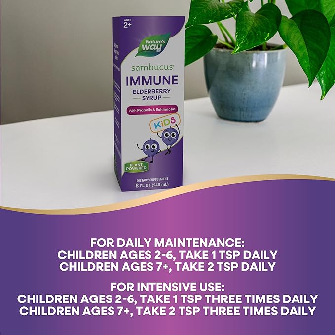 Nature's Way Sambucus Elderberry Immune Syrup for Kids Ages 2+,Echinacea & Propolis,with Superfood Antioxidants(1),Immune Support Syrup*,Vegetarian,Berry Flavored,8 Fl Oz,(Pack of 2)