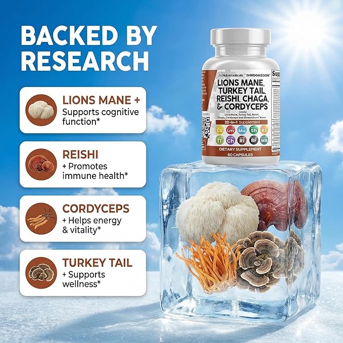 Clean Nutraceuticals Lions Mane 20in1 Mushroom Supplement with Turkey Tail Reishi Cordyceps Chaga Maitake Meshima Poria Cocos Shiitake Oyster Porcini Enoki - 1 Pack