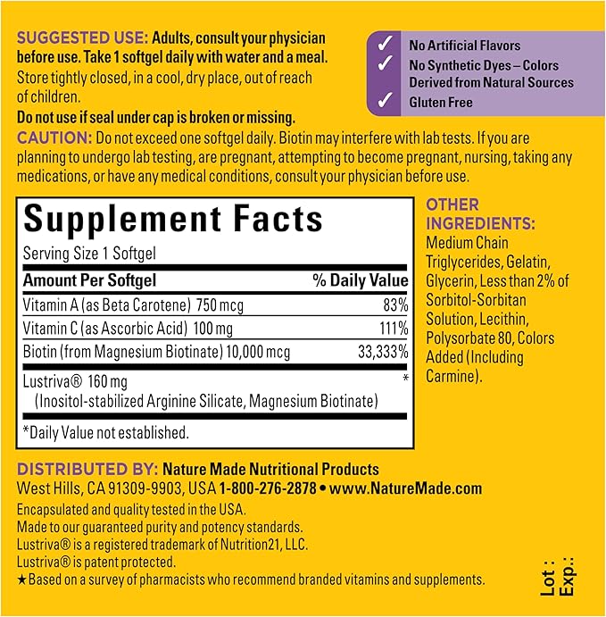 Nature Made Hair Growth Softgels, Clinically Studied Lustriva + Biotin, Vitamin C & A, Hair Growth Vitamins - Support Healthy Hair as You Age, 30 Softgels, 30 Day Supply