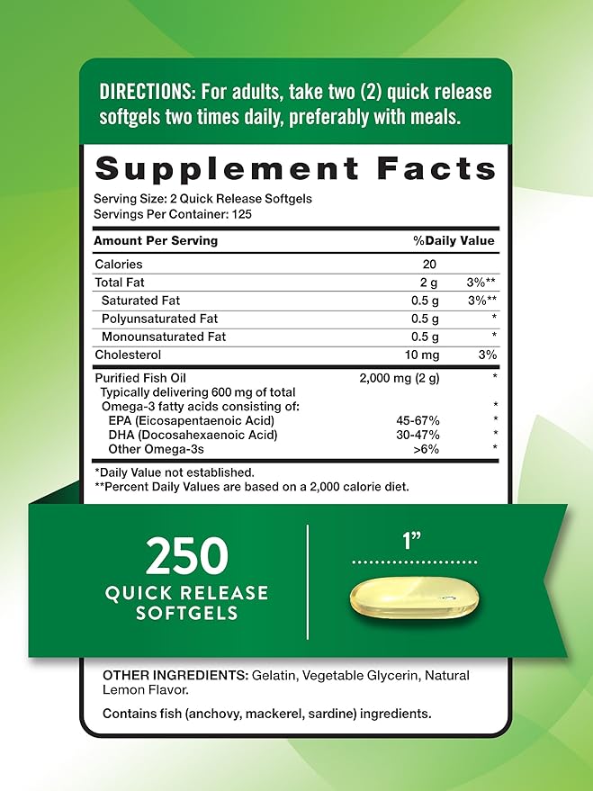 Nature's Truth Fish Oil 2000 mg | 600 mg Omega 3 | 250 Softgels | Natural Lemon Flavor | Non-GMO and Gluten Free Supplement