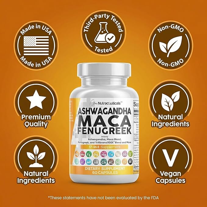Clean Nutraceuticals Ashwagandha Maca Root Fenugreek Supplement with Tongkat Ali Ginseng - Assists with Stress, Mood & Thyroid - Ashwagandha Capsules Fenugreek Caps - 1 Pack
