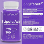 LongLifeNutri Stabilized R-Alpha Lipoic Acid 300mg – High Potency Na-RALA Supplement for Cellular Energy & Metabolic Function, 120 Vegetarian Capsules, 4-Month Supply, GMP Certified, Made in USA