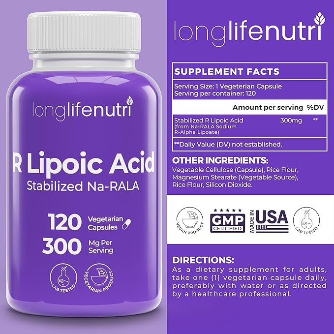 LongLifeNutri Stabilized R-Alpha Lipoic Acid 300mg – High Potency Na-RALA Supplement for Cellular Energy & Metabolic Function, 120 Vegetarian Capsules, 4-Month Supply, GMP Certified, Made in USA